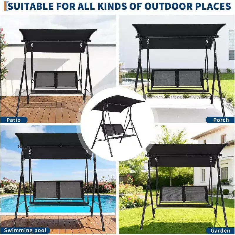 Balançoire de porche extérieure 2 places avec auvent réglable, banc-planeur avec pieds antidérapants et crochets à ressort solides/résistant aux UV/capacité imperméable