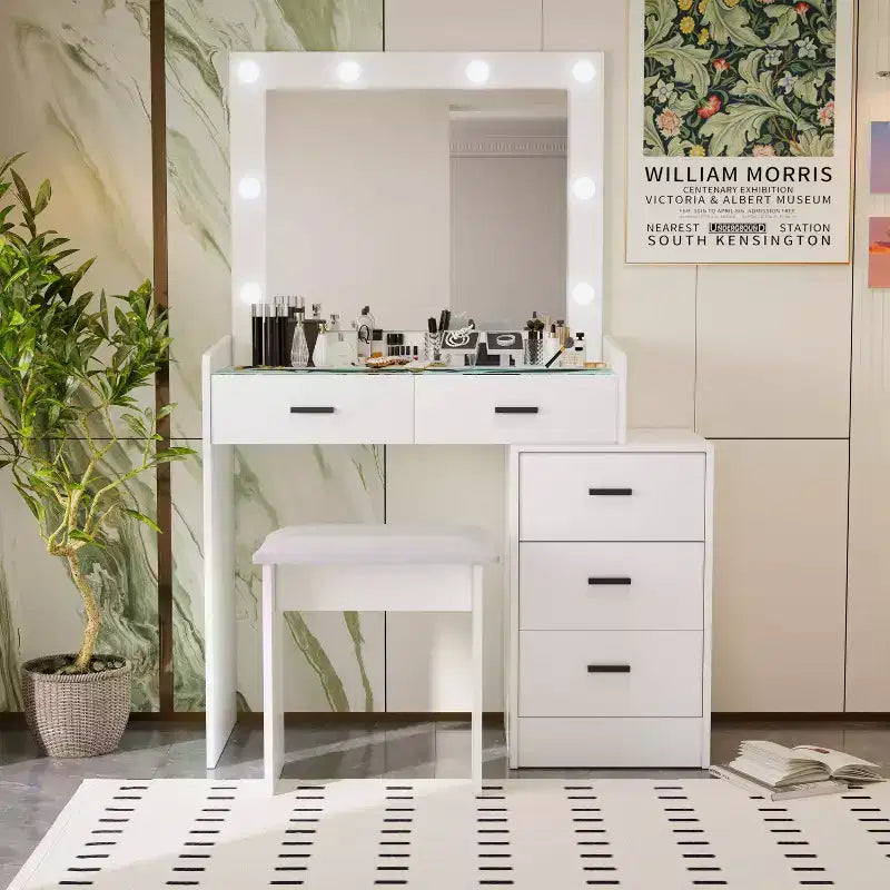 Okak Makeup Vanity with Large Mirror and 5 Drawers, Vanity Desk with Cushion Stool, Dressing Table for Living Room, Bedroom, Dressing Room, White