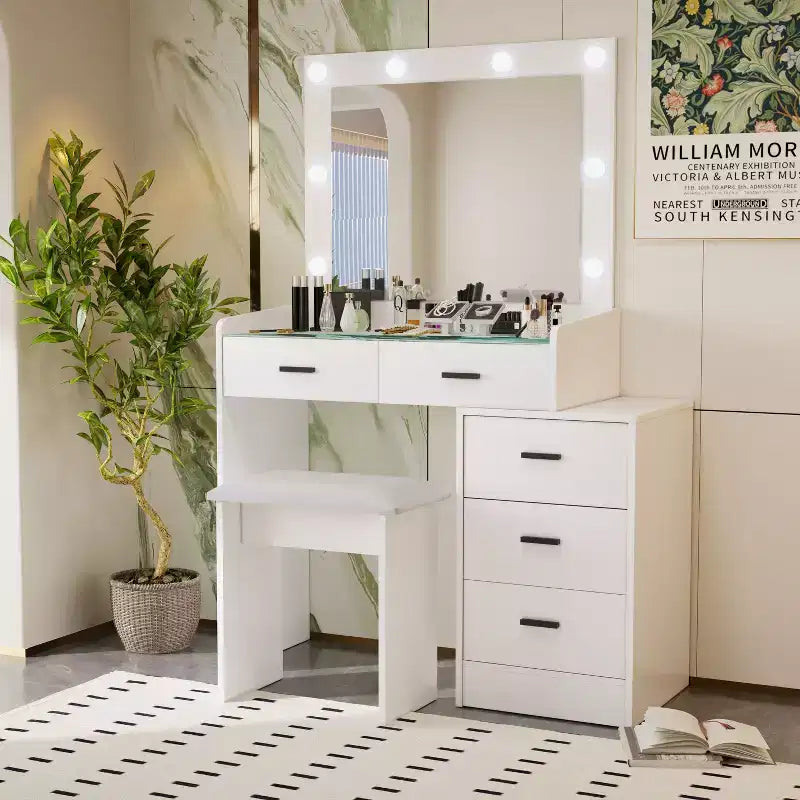 Coiffeuse avec grand miroir et 5 tiroirs, avec tabouret rembourré, table de maquillage pour salon, chambre, dressing, blanc