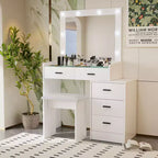 Coiffeuse avec grand miroir et 5 tiroirs, avec tabouret rembourré, table de maquillage pour salon, chambre, dressing, blanc