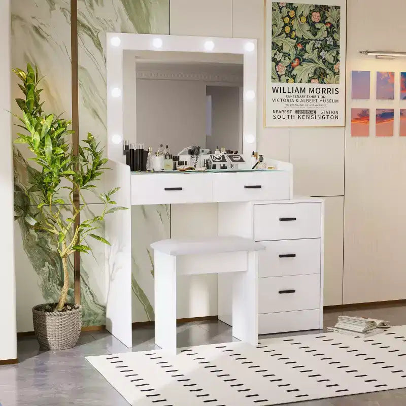 Coiffeuse avec grand miroir et 5 tiroirs, avec tabouret rembourré, table de maquillage pour salon, chambre, dressing, blanc