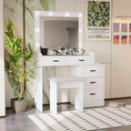 Coiffeuse avec grand miroir et 5 tiroirs, avec tabouret rembourré, table de maquillage pour salon, chambre, dressing, blanc