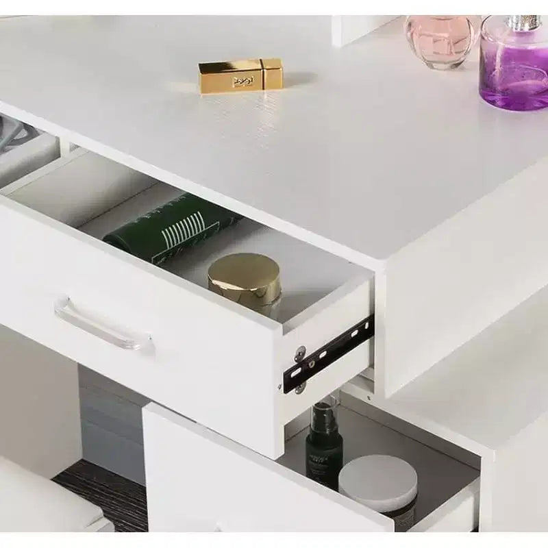 Coiffeuse avec grand miroir et 5 tiroirs, avec tabouret rembourré, table de maquillage pour salon, chambre, dressing, blanc