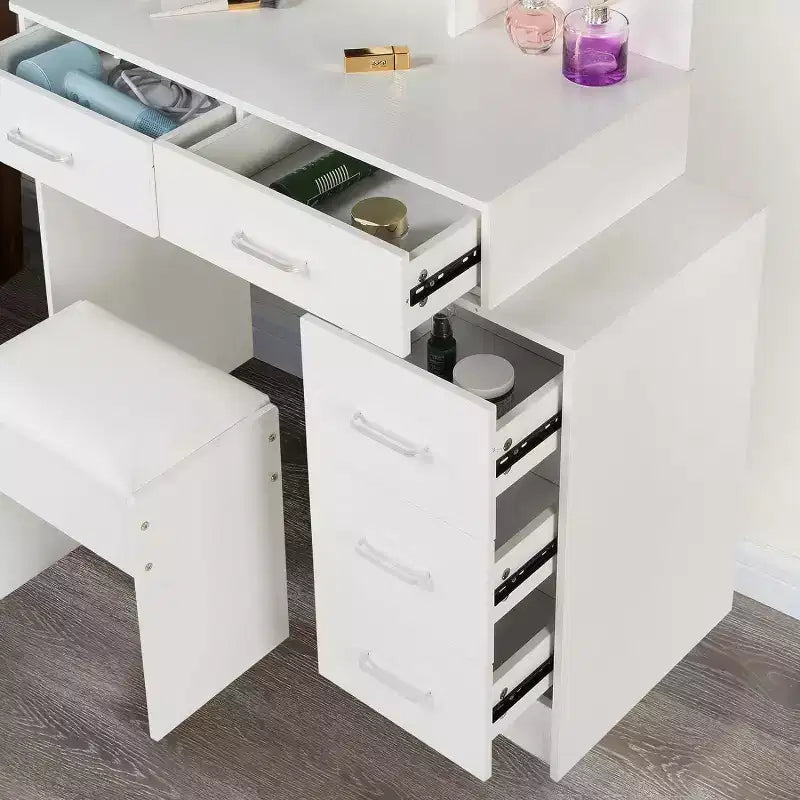 Coiffeuse avec grand miroir et 5 tiroirs, avec tabouret rembourré, table de maquillage pour salon, chambre, dressing, blanc