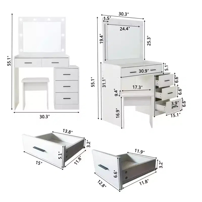 Coiffeuse avec grand miroir et 5 tiroirs, avec tabouret rembourré, table de maquillage pour salon, chambre, dressing, blanc