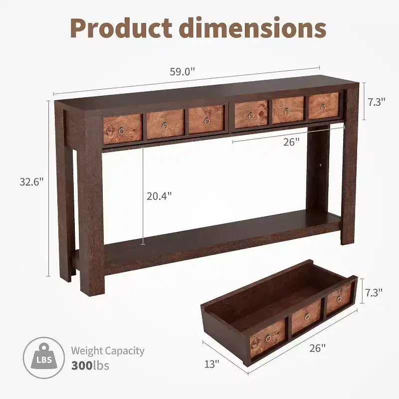 Console rustique 59 po, table d'entrée en bois avec 2 tiroirs et étagère ouverte à 2 niveaux, pieds robustes en L, pour couloir, salon, côté de canapé