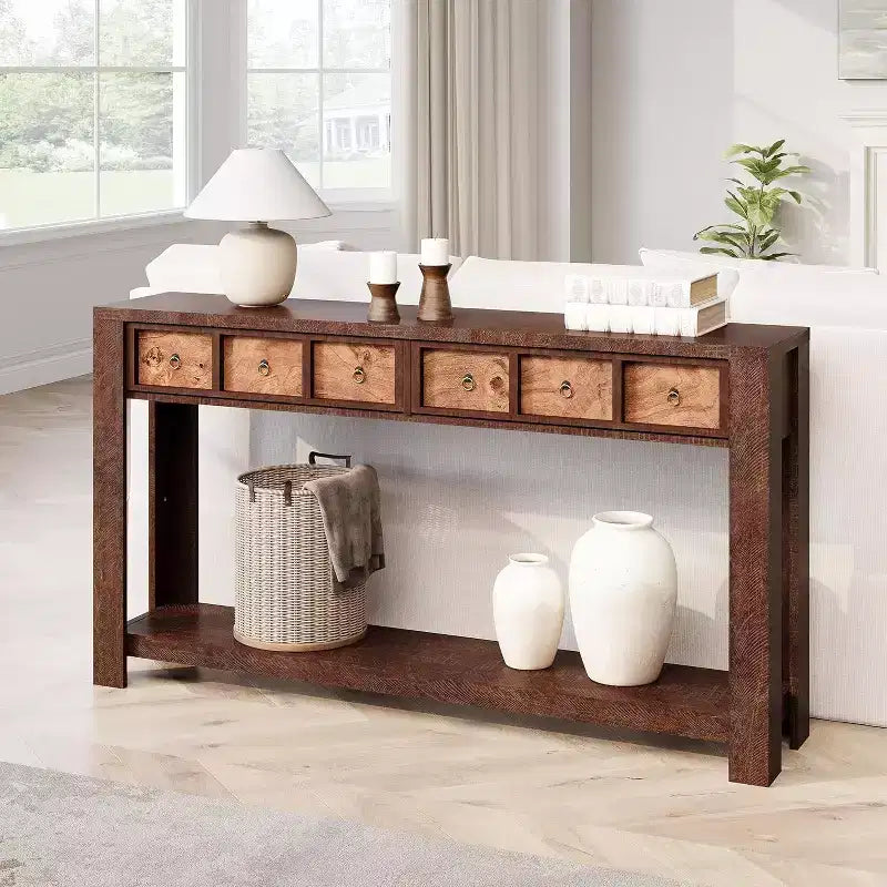 Console rustique 59 po, table d'entrée en bois avec 2 tiroirs et étagère ouverte à 2 niveaux, pieds robustes en L, pour couloir, salon, côté de canapé