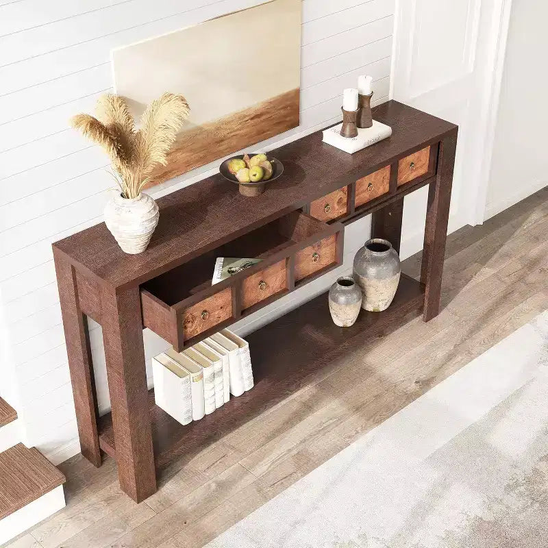 Console rustique 59 po, table d'entrée en bois avec 2 tiroirs et étagère ouverte à 2 niveaux, pieds robustes en L, pour couloir, salon, côté de canapé