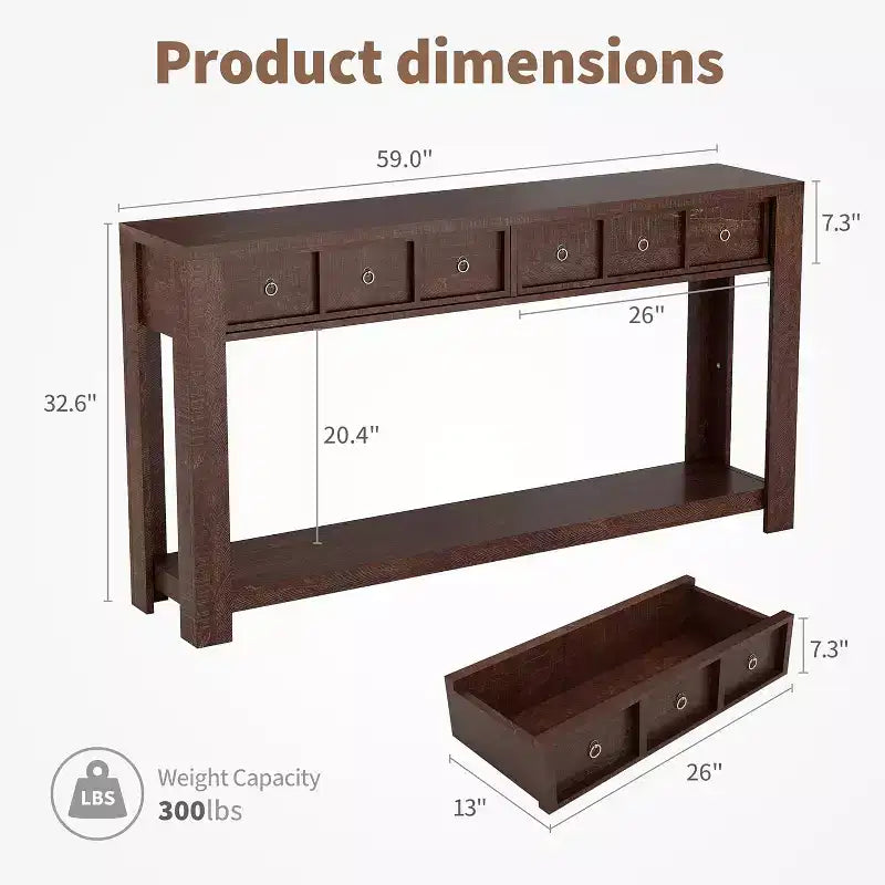 Console rustique 59 po, table d'entrée en bois avec 2 tiroirs et étagère ouverte à 2 niveaux, pieds robustes en L, pour couloir, salon, côté de canapé