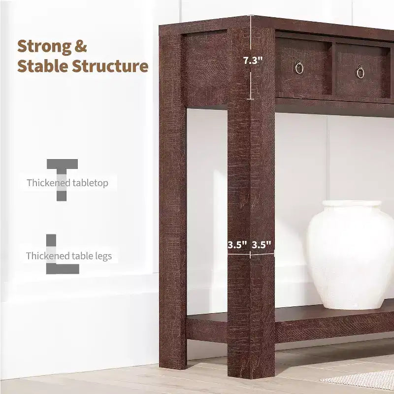 Console rustique 59 po, table d'entrée en bois avec 2 tiroirs et étagère ouverte à 2 niveaux, pieds robustes en L, pour couloir, salon, côté de canapé