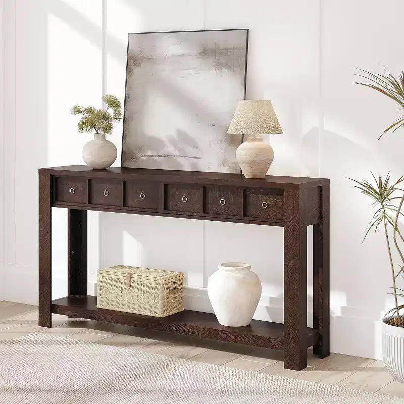 Console rustique 59 po, table d'entrée en bois avec 2 tiroirs et étagère ouverte à 2 niveaux, pieds robustes en L, pour couloir, salon, côté de canapé