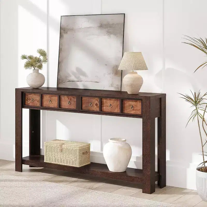 Console rustique 59 po, table d'entrée en bois avec 2 tiroirs et étagère ouverte à 2 niveaux, pieds robustes en L, pour couloir, salon, côté de canapé