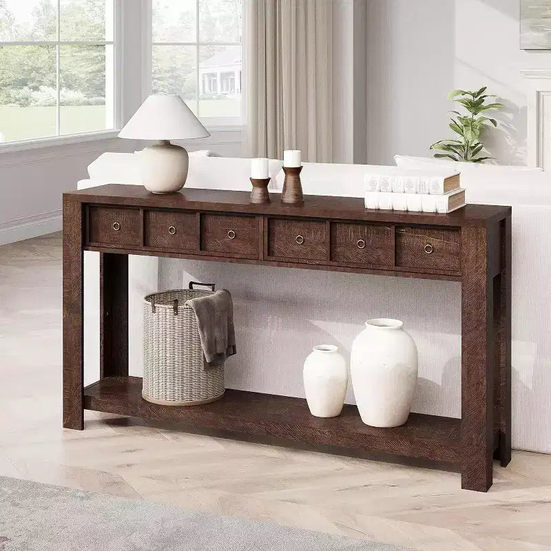 59 Farmhouse Console Table, Wooden Entryway Table with 2 Drawers & 2-Tier Open Storage Shelf, Sturdy l-Shape Legs,for Hallway Living Room Sofa Side