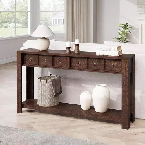 59 Farmhouse Console Table, Wooden Entryway Table with 2 Drawers & 2-Tier Open Storage Shelf, Sturdy l-Shape Legs,for Hallway Living Room Sofa Side
