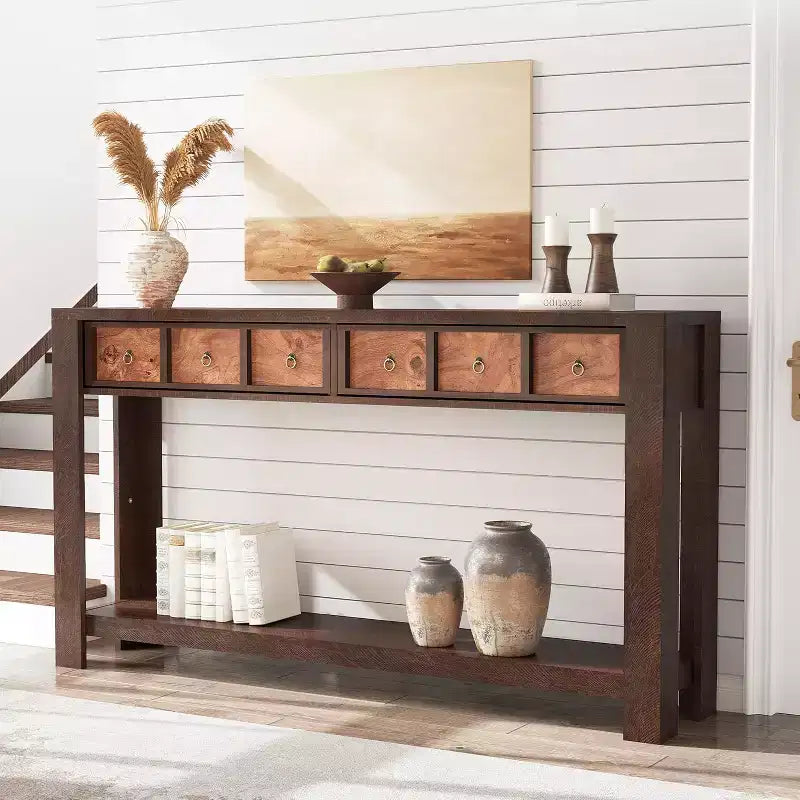Console rustique 59 po, table d'entrée en bois avec 2 tiroirs et étagère ouverte à 2 niveaux, pieds robustes en L, pour couloir, salon, côté de canapé