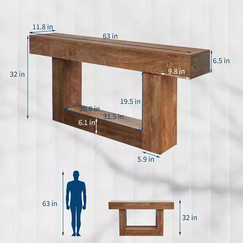 Console en bois massif, table d'entrée de ferme de 160 cm de long, tables de canapé rectangulaires derrière le canapé, tables d'appoint à 2 niveaux avec base en U.