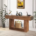 Console en bois massif, table d'entrée de ferme de 160 cm de long, tables de canapé rectangulaires derrière le canapé, tables d'appoint à 2 niveaux avec base en U.