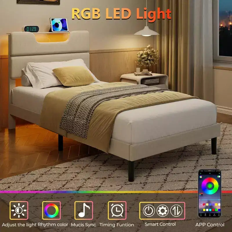 Cadre de lit plateforme en métal double avec tête de lit capitonnée, lumières LED, station de charge, support robuste, pas besoin de sommier tapissier, chambre USB