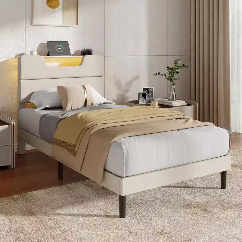 Cadre de lit plateforme en métal double avec tête de lit capitonnée, lumières LED, station de charge, support robuste, pas besoin de sommier tapissier, chambre USB