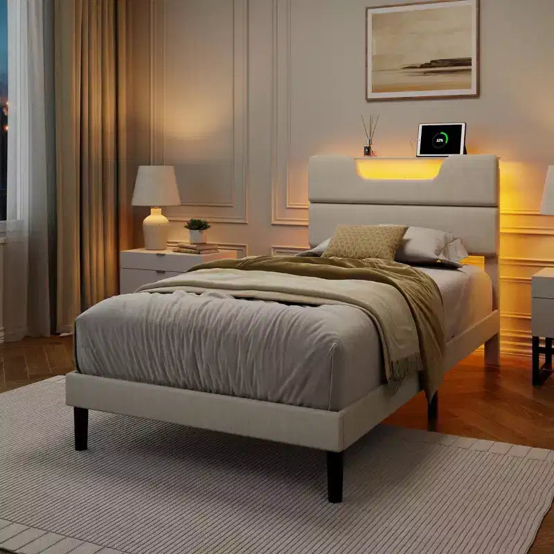 Cadre de lit plateforme en métal double avec tête de lit capitonnée, lumières LED, station de charge, support robuste, pas besoin de sommier tapissier, chambre USB