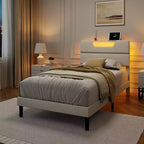 Cadre de lit plateforme en métal double avec tête de lit capitonnée, lumières LED, station de charge, support robuste, pas besoin de sommier tapissier, chambre USB