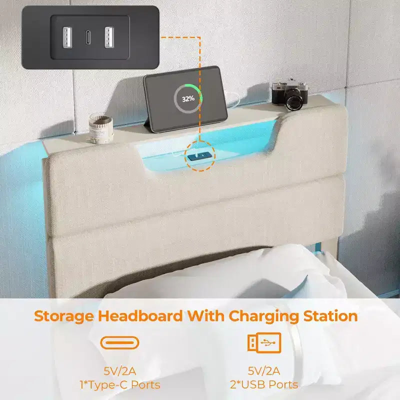 Cadre de lit plateforme en métal double avec tête de lit capitonnée, lumières LED, station de charge, support robuste, pas besoin de sommier tapissier, chambre USB