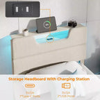 Cadre de lit plateforme en métal double avec tête de lit capitonnée, lumières LED, station de charge, support robuste, pas besoin de sommier tapissier, chambre USB