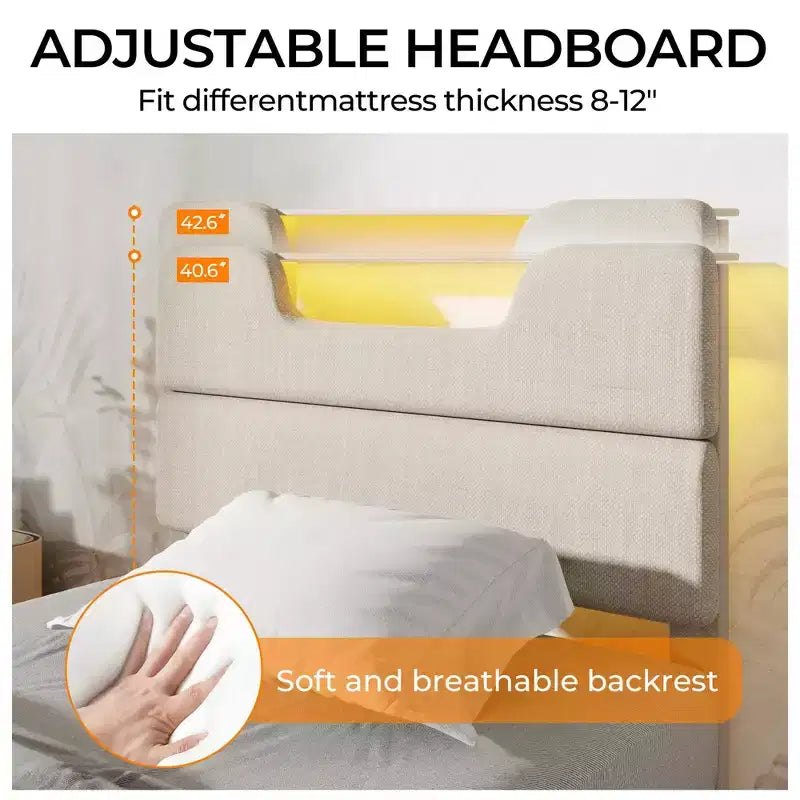 Cadre de lit plateforme en métal double avec tête de lit capitonnée, lumières LED, station de charge, support robuste, pas besoin de sommier tapissier, chambre USB