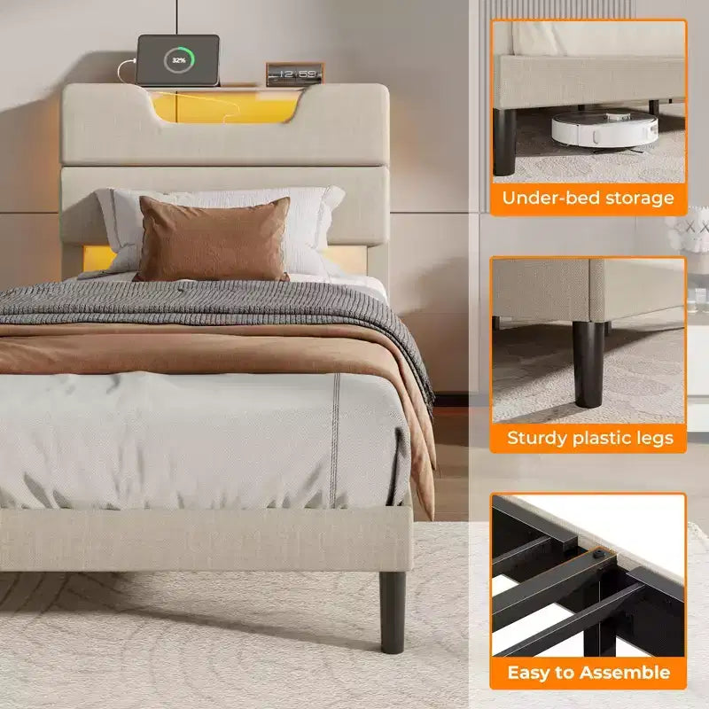 Cadre de lit plateforme en métal double avec tête de lit capitonnée, lumières LED, station de charge, support robuste, pas besoin de sommier tapissier, chambre USB