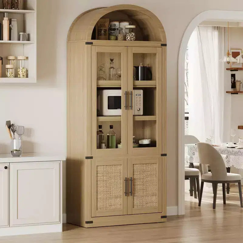 Bibliothèque cintrée à 6 étagères avec portes vitrées, Meuble de rangement moderne en bois avec étagères pour livres, objets de décoration et de collection