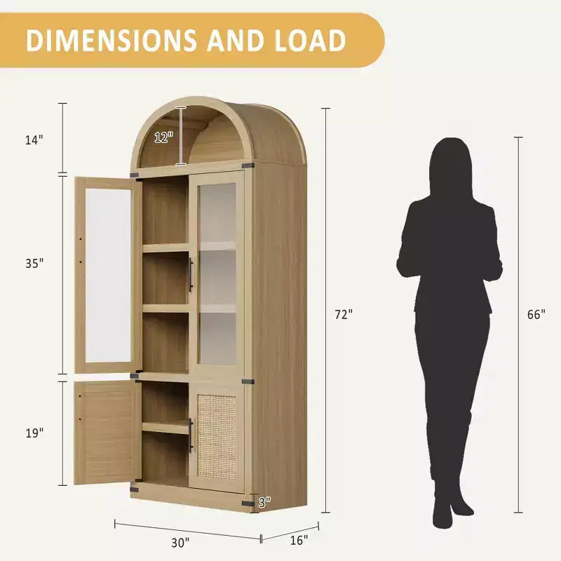 Bibliothèque cintrée à 6 étagères avec portes vitrées, Meuble de rangement moderne en bois avec étagères pour livres, objets de décoration et de collection