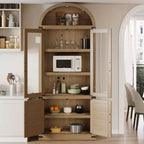 Bibliothèque cintrée à 6 étagères avec portes vitrées, Meuble de rangement moderne en bois avec étagères pour livres, objets de décoration et de collection