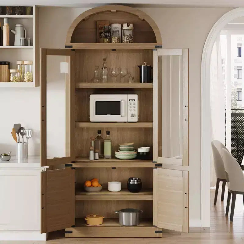 Bibliothèque cintrée à 6 étagères avec portes vitrées, Meuble de rangement moderne en bois avec étagères pour livres, objets de décoration et de collection