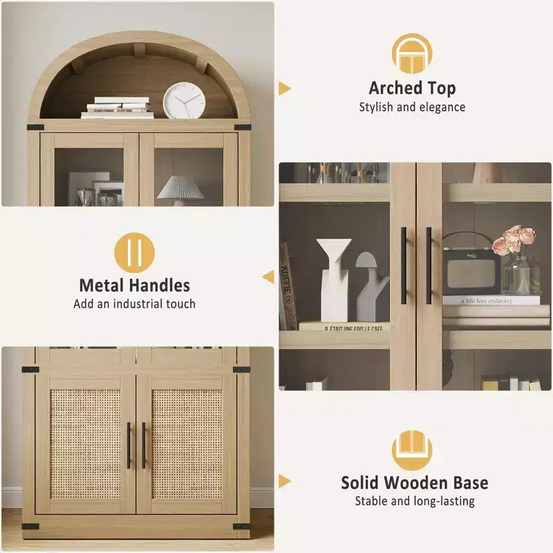 Bibliothèque cintrée à 6 étagères avec portes vitrées, Meuble de rangement moderne en bois avec étagères pour livres, objets de décoration et de collection