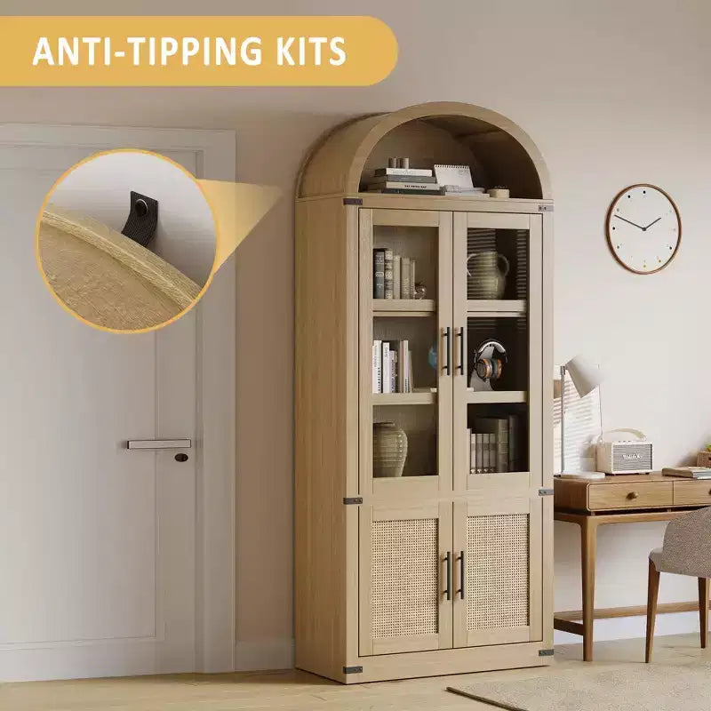 Bibliothèque cintrée à 6 étagères avec portes vitrées, Meuble de rangement moderne en bois avec étagères pour livres, objets de décoration et de collection