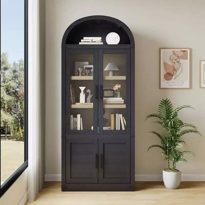 Bibliothèque cintrée à 6 étagères avec portes vitrées, Meuble de rangement moderne en bois avec étagères pour livres, objets de décoration et de collection