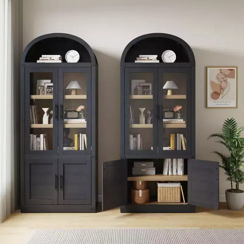 Bibliothèque cintrée à 6 étagères avec portes vitrées, Meuble de rangement moderne en bois avec étagères pour livres, objets de décoration et de collection