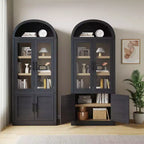Bibliothèque cintrée à 6 étagères avec portes vitrées, Meuble de rangement moderne en bois avec étagères pour livres, objets de décoration et de collection