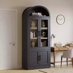 Bibliothèque cintrée à 6 étagères avec portes vitrées, Meuble de rangement moderne en bois avec étagères pour livres, objets de décoration et de collection