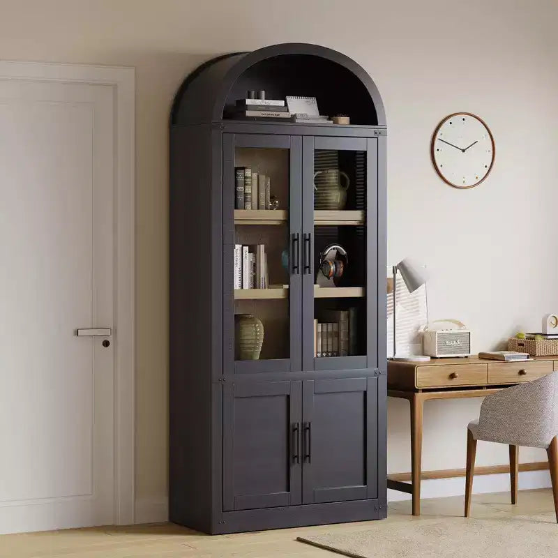Bibliothèque cintrée à 6 étagères avec portes vitrées, Meuble de rangement moderne en bois avec étagères pour livres, objets de décoration et de collection