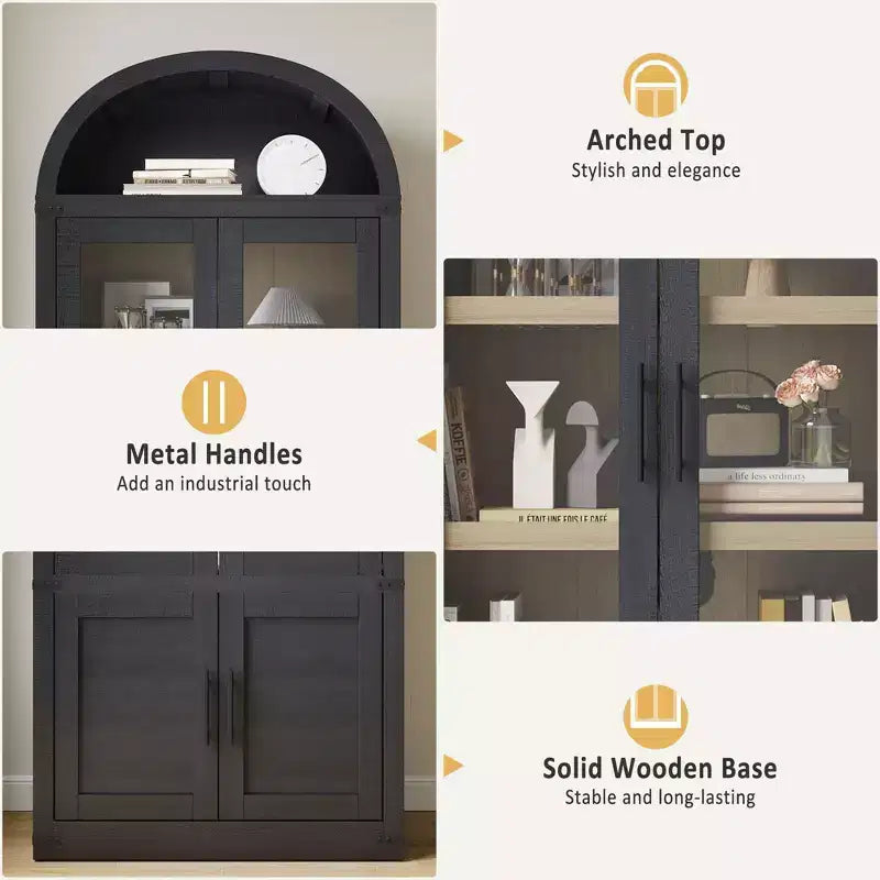 Bibliothèque cintrée à 6 étagères avec portes vitrées, Meuble de rangement moderne en bois avec étagères pour livres, objets de décoration et de collection