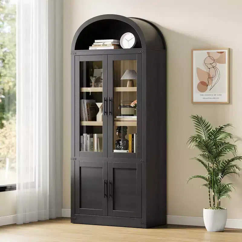 Arched 6-Shelf Bookcase with Glass Doors, Modern Wooden Display Cabinet with Storage Shelves for Books, Dcor and Collectibles