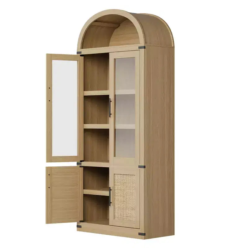 Bibliothèque cintrée à 6 étagères avec portes vitrées, Meuble de rangement moderne en bois avec étagères pour livres, objets de décoration et de collection