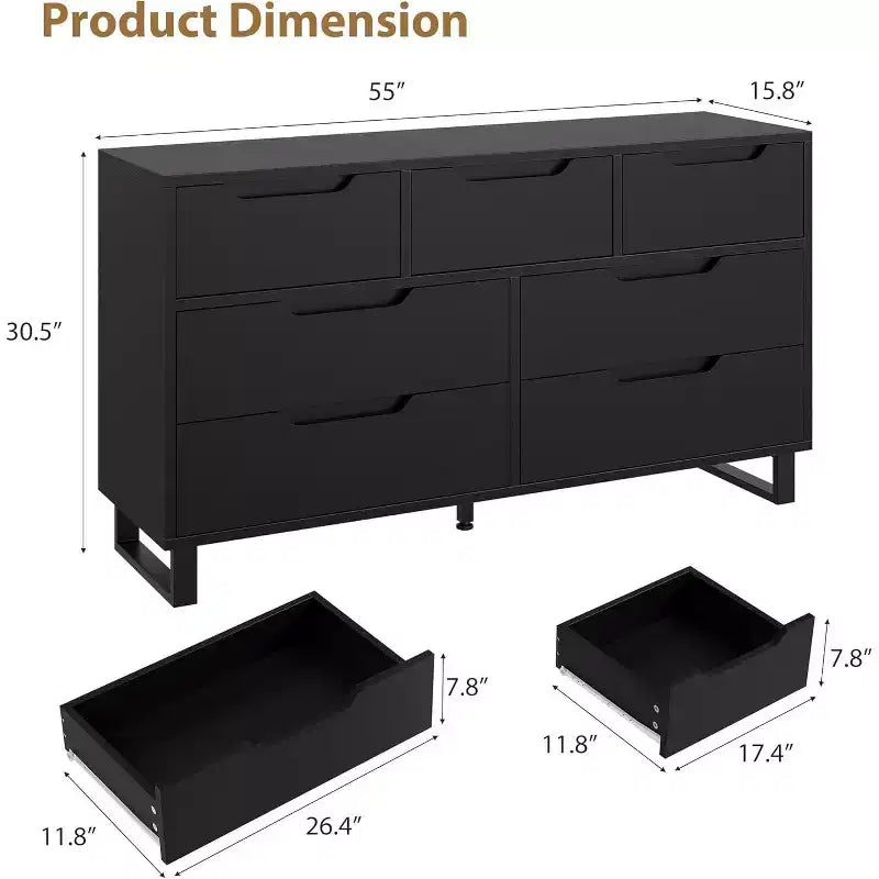 Commode 7 tiroirs pour chambre, Table à langer de 140 cm de large, Tiroir horizontal non intégré avec rangement, Placard en bois pour salon, couloir, entrée