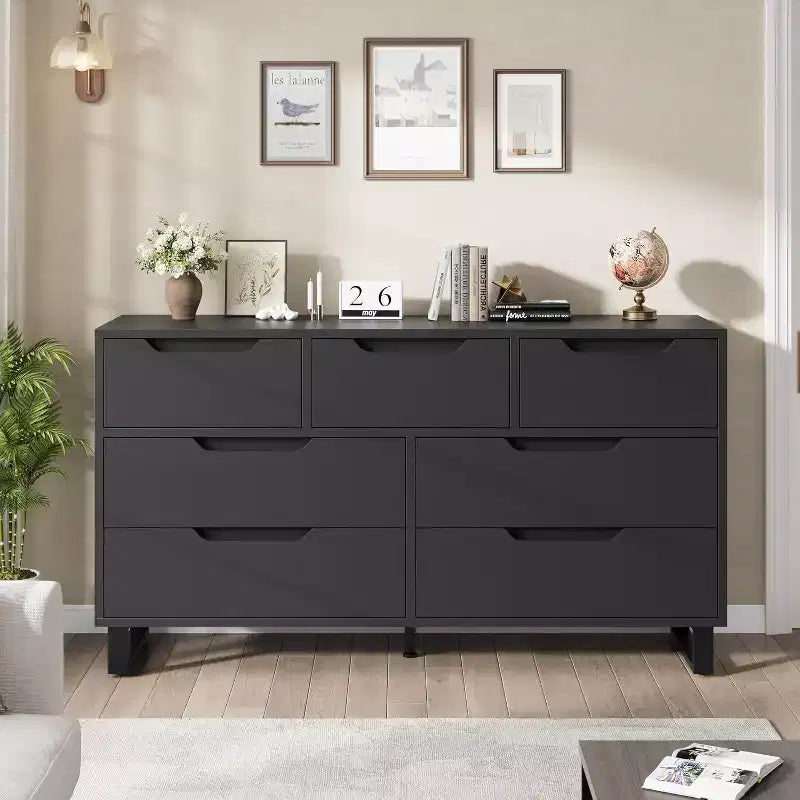 Commode 7 tiroirs pour chambre, Table à langer de 140 cm de large, Tiroir horizontal non intégré avec rangement, Placard en bois pour salon, couloir, entrée
