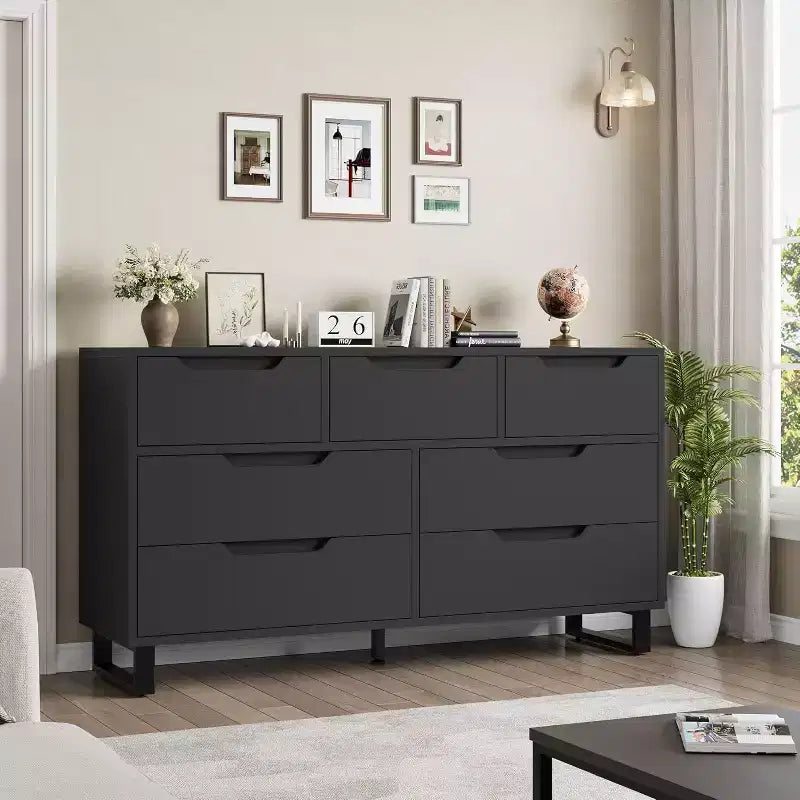 Commode 7 tiroirs pour chambre, Table à langer de 140 cm de large, Tiroir horizontal non intégré avec rangement, Placard en bois pour salon, couloir, entrée