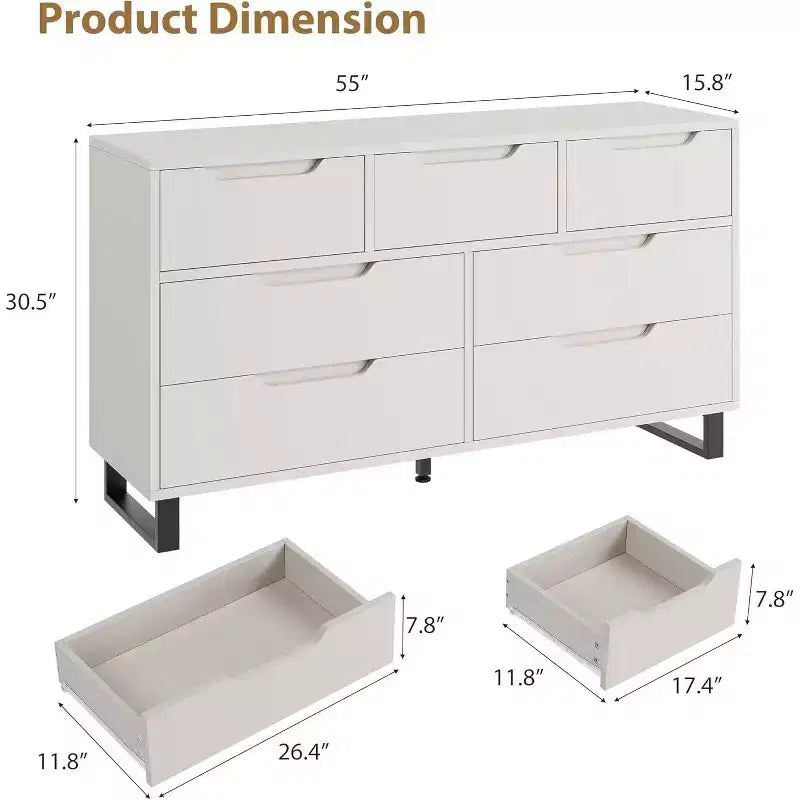 Commode 7 tiroirs pour chambre, Table à langer de 140 cm de large, Tiroir horizontal non intégré avec rangement, Placard en bois pour salon, couloir, entrée
