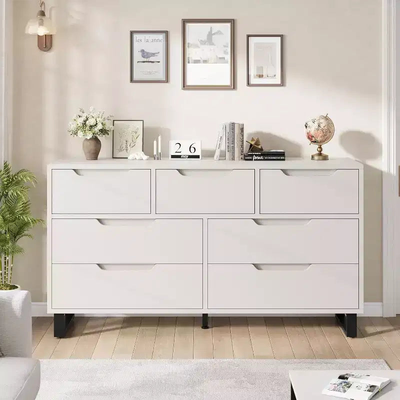 Commode 7 tiroirs pour chambre, Table à langer de 140 cm de large, Tiroir horizontal non intégré avec rangement, Placard en bois pour salon, couloir, entrée