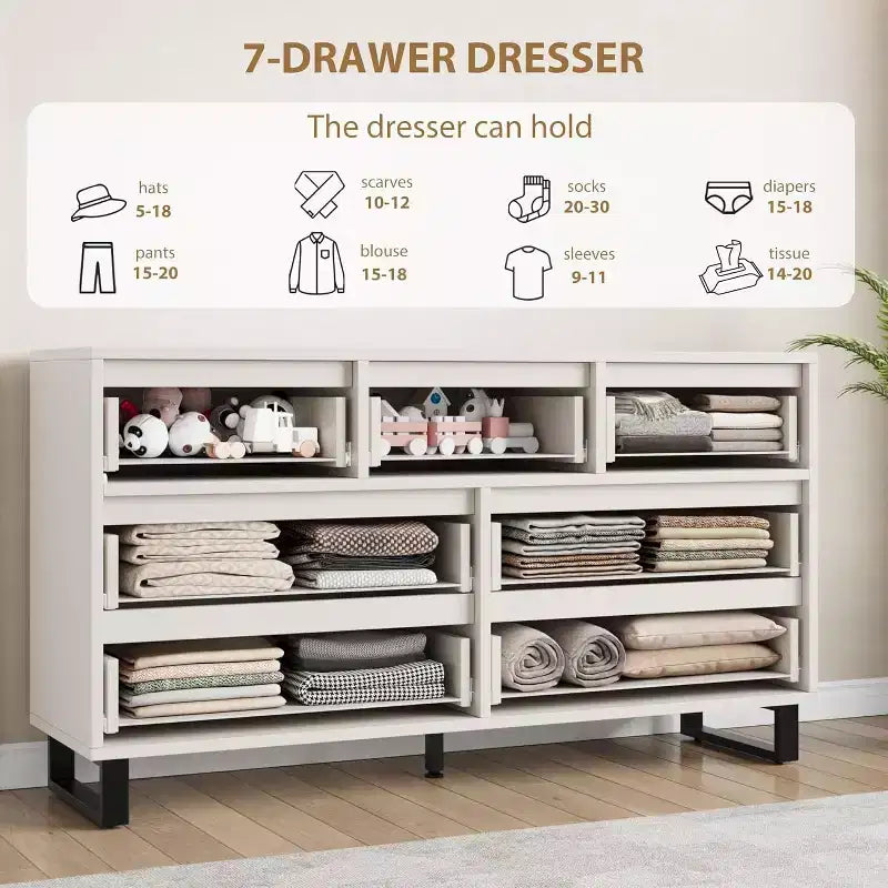 Commode 7 tiroirs pour chambre, Table à langer de 140 cm de large, Tiroir horizontal non intégré avec rangement, Placard en bois pour salon, couloir, entrée