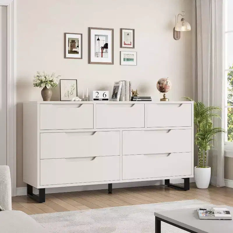 Commode 7 tiroirs pour chambre, Table à langer de 140 cm de large, Tiroir horizontal non intégré avec rangement, Placard en bois pour salon, couloir, entrée